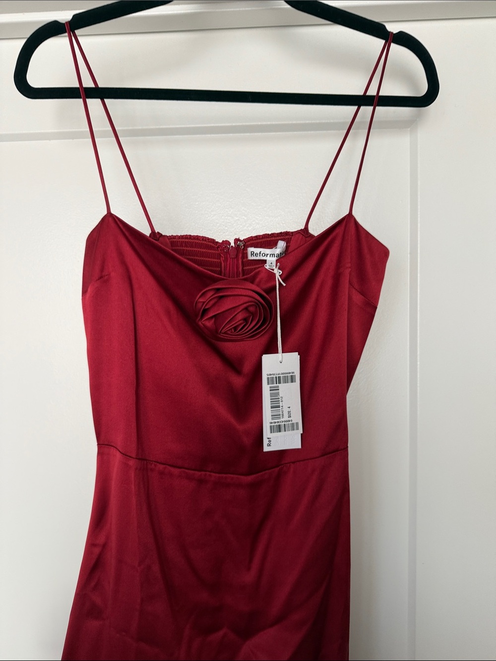 Reformation Burgundy Satin Slip Dress with Rosette